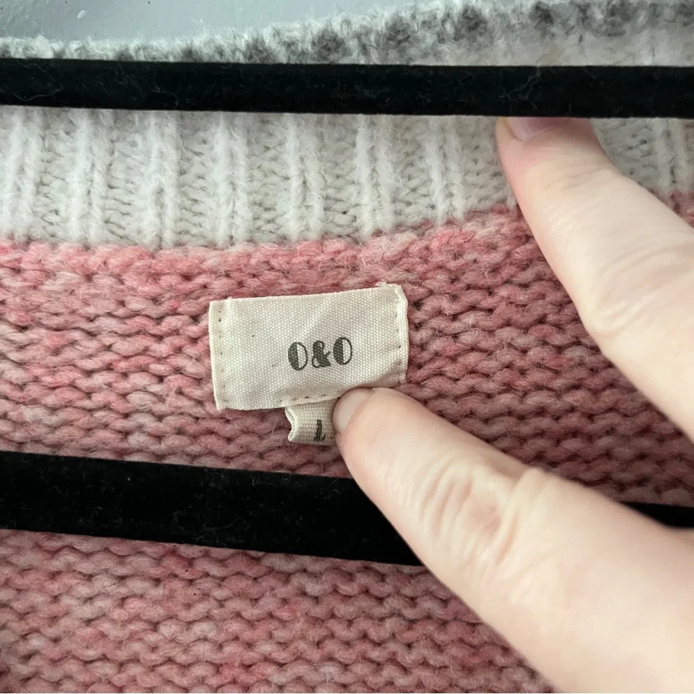O and O Oversized Colorblock V-Neck Sweater Pink Gray Cream Womens Size Large L